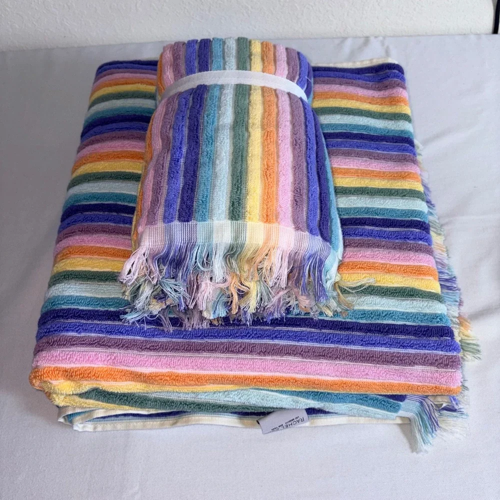 Rachel Zoe Bath Towel Set 30 x 56  Multicolor New Cotton Striped Fringe 4 piece